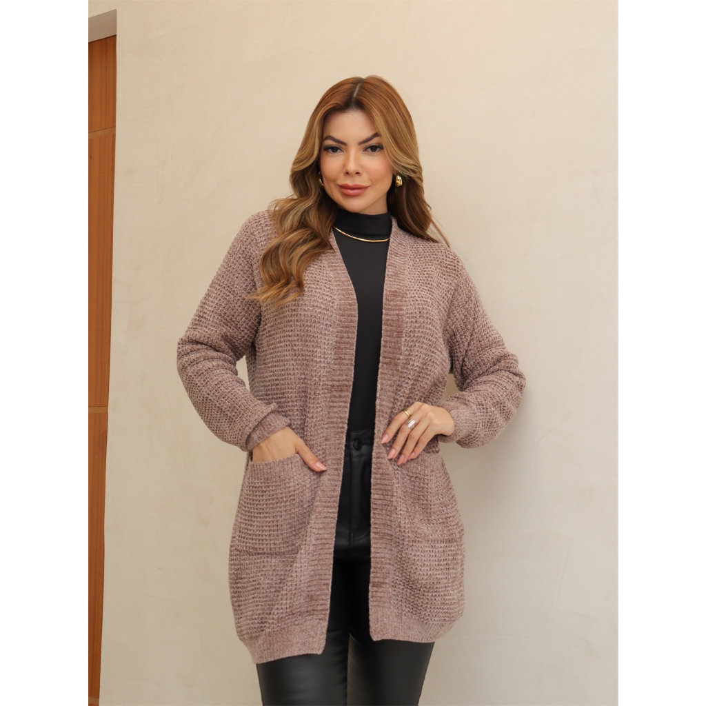 Cardigan Feminino Tricot Alongado Aberto com Bolsos Manga Longa Inverno 3RD SD3009
