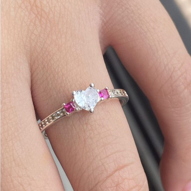 Anel Solitario em Prata 925/Zircônia Rosa/Zircônia Brilhante/Corações/Legítima/Pura/Cravejado/Anitta