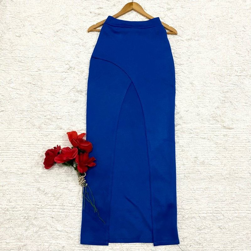 (P) Saia Mullet Assimétrica Longa Azul Royal Justa Bodycon Cintura Alta Frente Curta Colada Aesthetic Kidcore Y2K