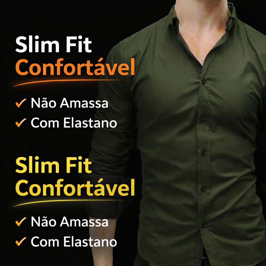 Camisa Social Masculina Premium Manga Longa Modal/ Elastano Colarinho e Punhos Duplos Trabalho Lazer