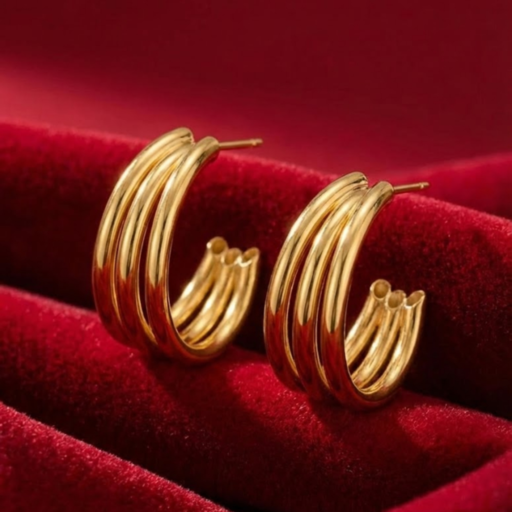 Brinco Argola Tripla Feminina Delicada Banhado a Ouro 18k Anti Alérgico