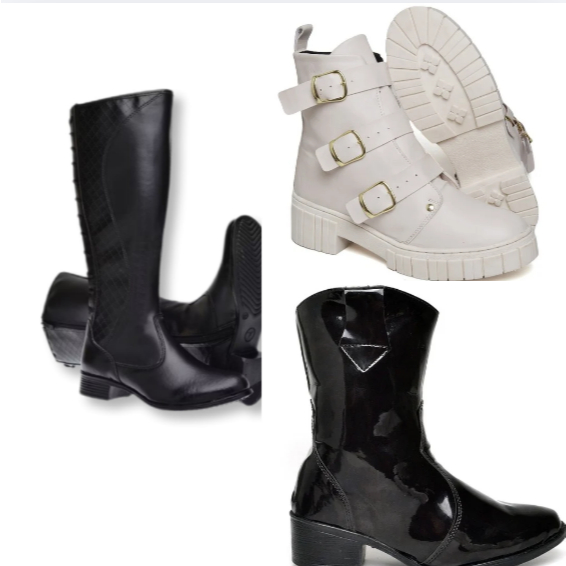 Bota de cano alto preta+Bota conturno branco feminino 3 fivelas+bota cano médio feminina em material sinético preta
