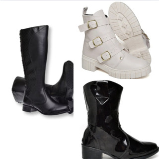 Bota de cano alto preta+Bota conturno branco feminino 3 fivelas+bota cano médio feminina em material sinético preta