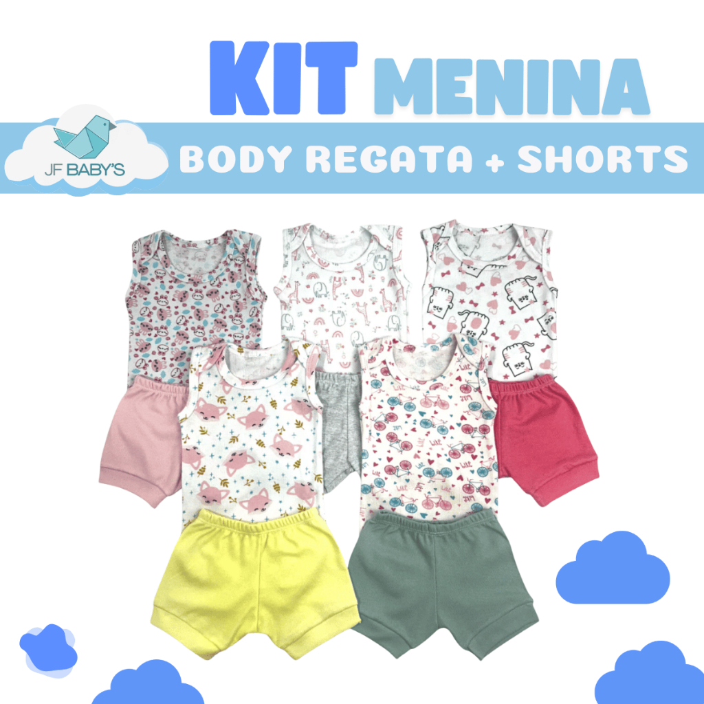 Kit Regata Estampada + Shorts Liso Canelado para Meninas Desenhos Sortidos 1/3/5 Conjuntos