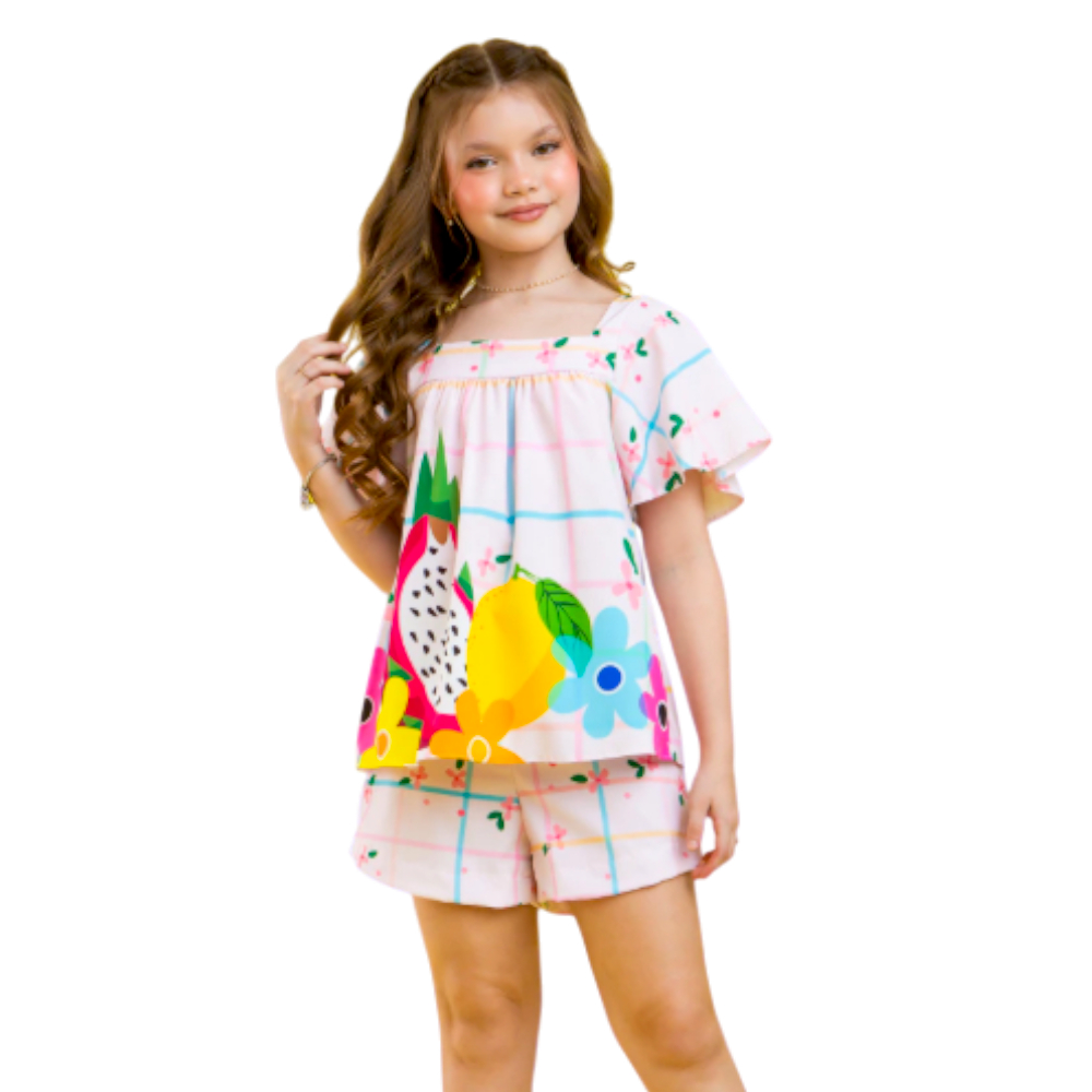 Combinadinho Conjunto Infantil Juvenil Estampado Menina Blusa Soltinha e Short Leve Confortável Estampado Verão DonaLiz