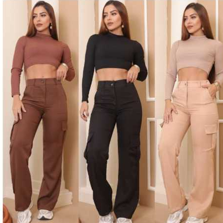 Calça Cargo Jeans Feminina Cintura Alta Bolsos Laterais Moda Streetwear Casual Tendência 2026
