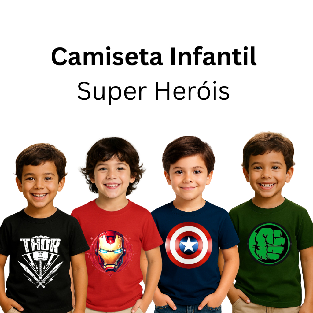 Camiseta Super Heróis Infantil e Juvenil Masculina 100% Algodão  Tamanho 02 ao GG Oferta