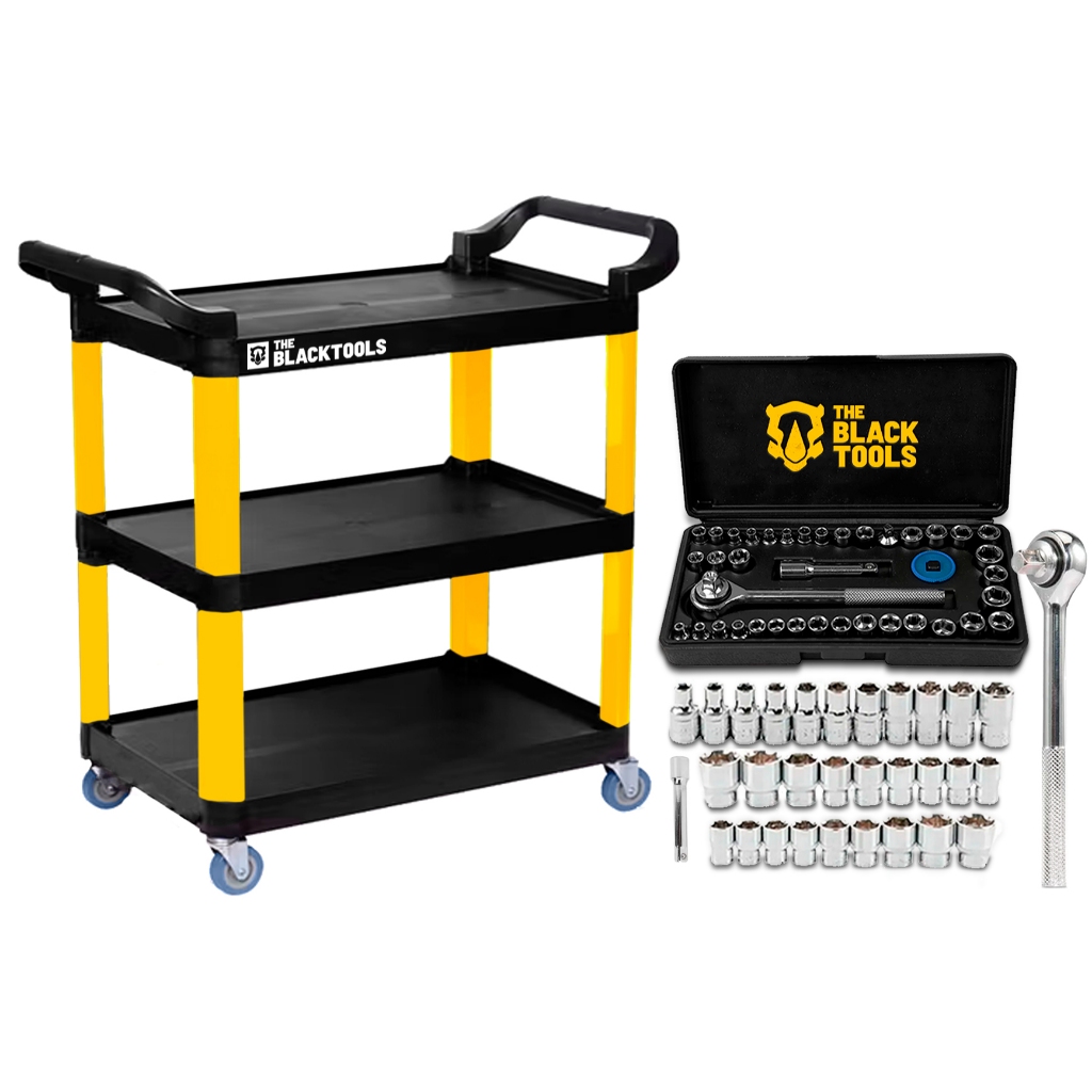 Carrinho De Ferramentas 100 Kg Aberto 3 Andares + Jogo De Chaves Soquetes 40 Peças - The Black Tools em Oferta na Shopee
