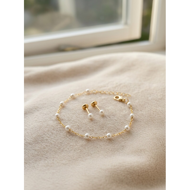 kit pulseira+Brinco de perola 3mm recém nascido infantil+2 pares de Tarraxas