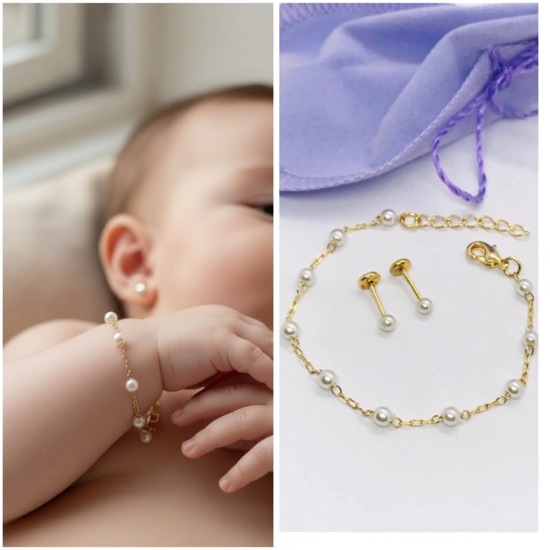 kit pulseira+Brinco de pérolas infantil recém-nascido 3mm Banhado a ouro 18k + Saquinho de Veludo. em Oferta na Shopee