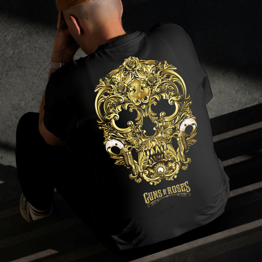 Camiseta Masculina Estampada Guns N' Roses Dourado 100% Algodão Estilo Conforto Diário Tamanho P GG