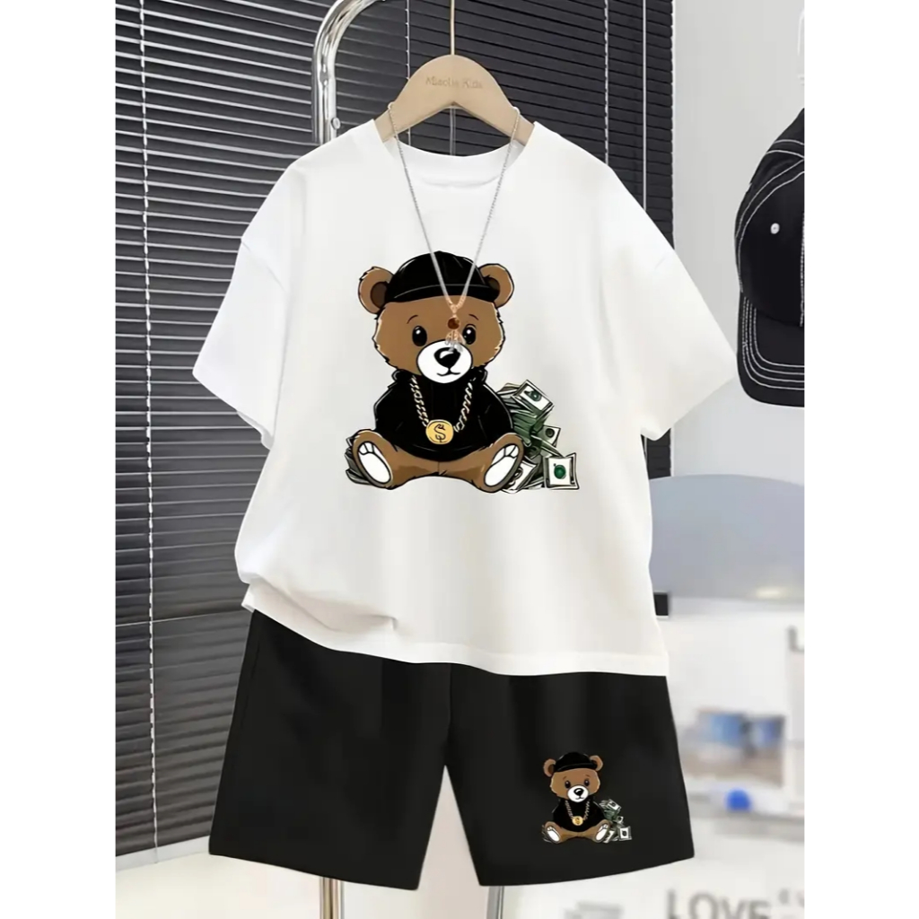 conjunto infantil short moletom+camiseta look estiloso ursinho dinheiro