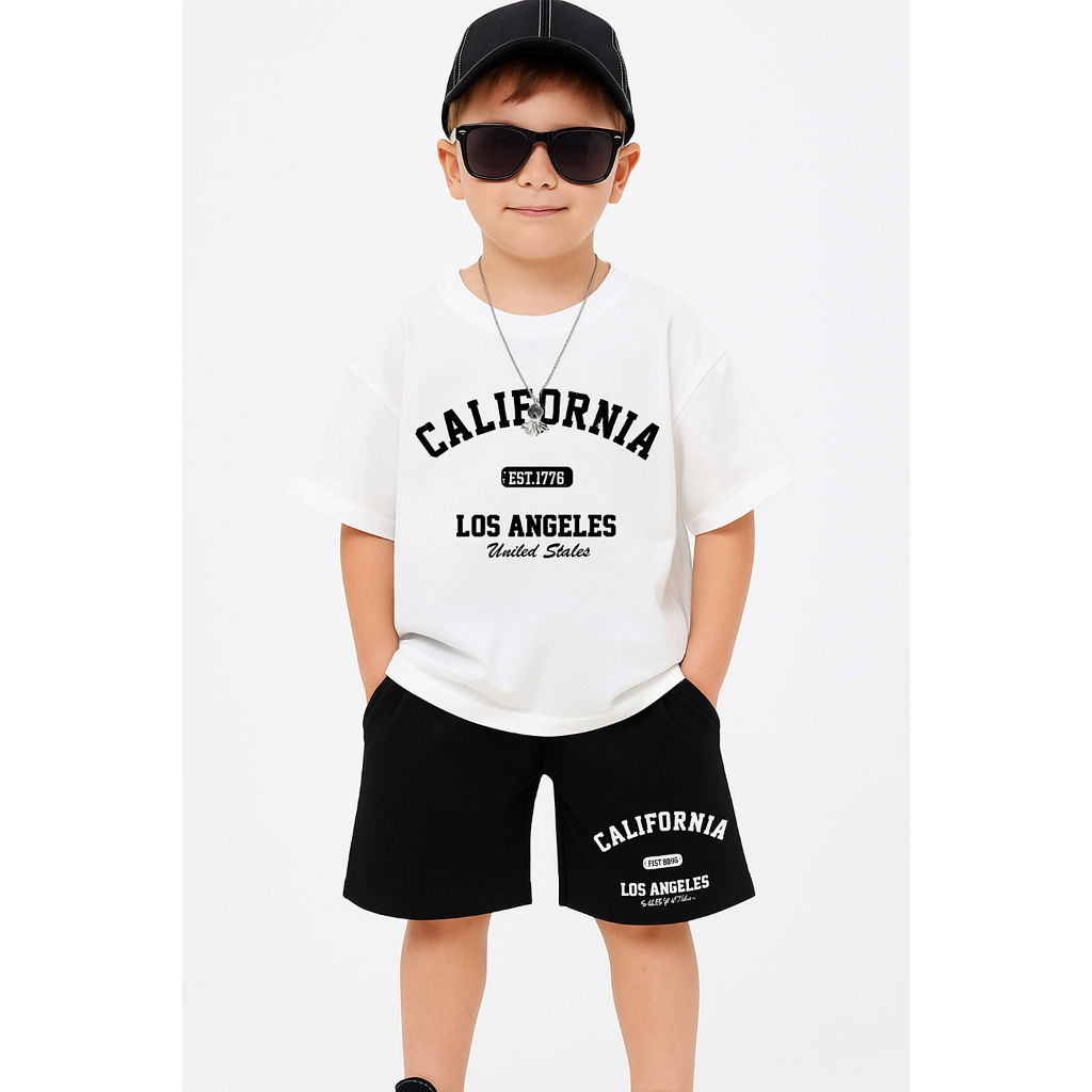 conjunto infantil short moletom+camiseta look estiloso california los angeles