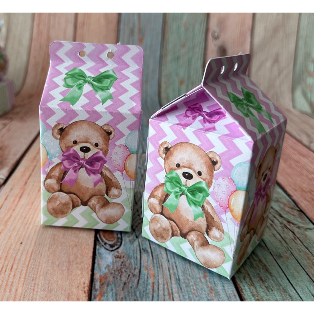 10 Caixas Milk Lembrancinha Infantil Tema Chá Revelação Ursinho Ursinha Verde Roxo