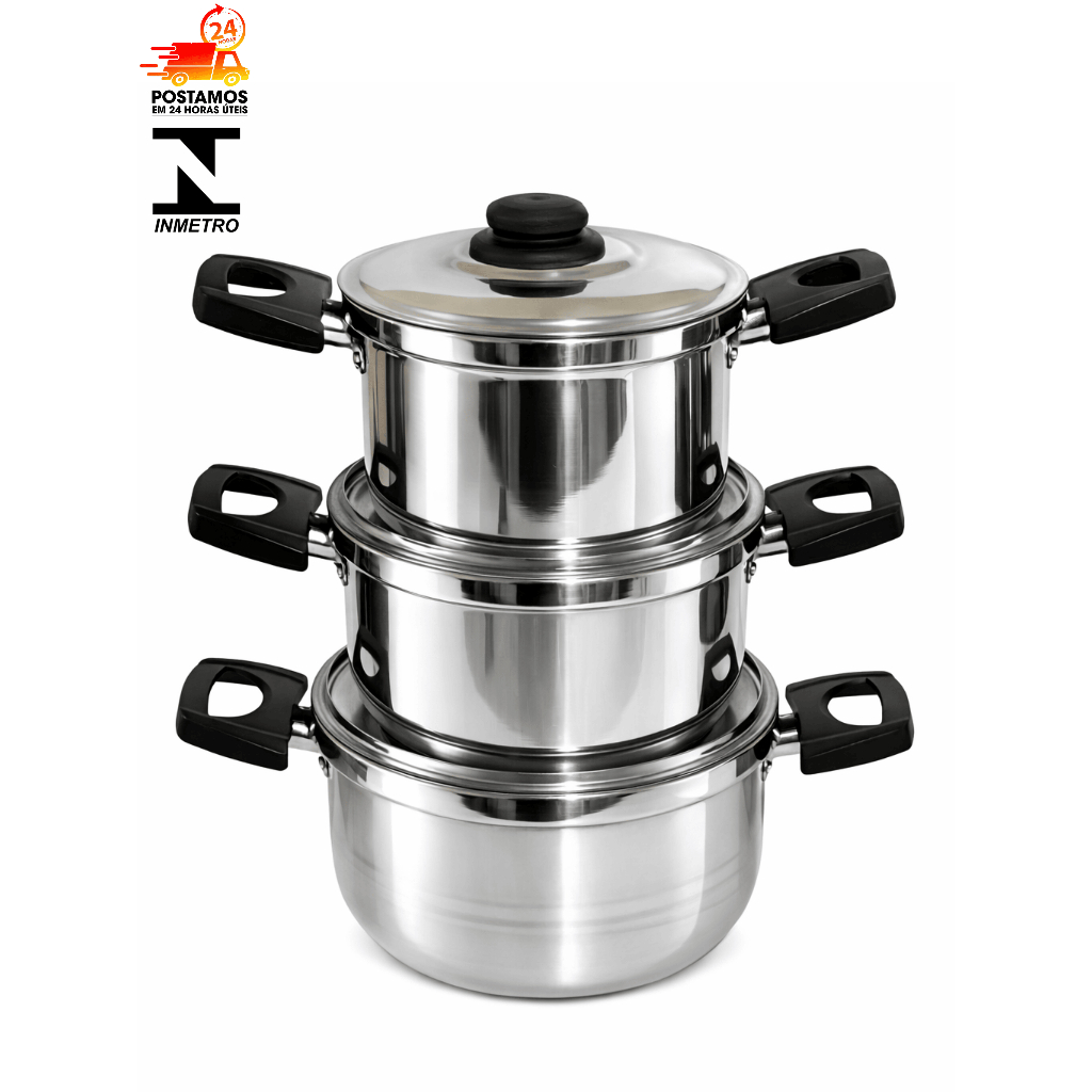 Conjunto de Caçarolas em Alumínio Polido – 3 Peças (14/16/18)