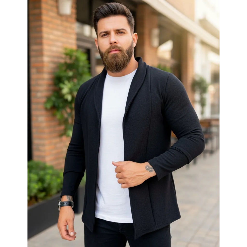 Cardigan Masculino Slim Fit Casual Casaco Sueter Manga Longa Comprido