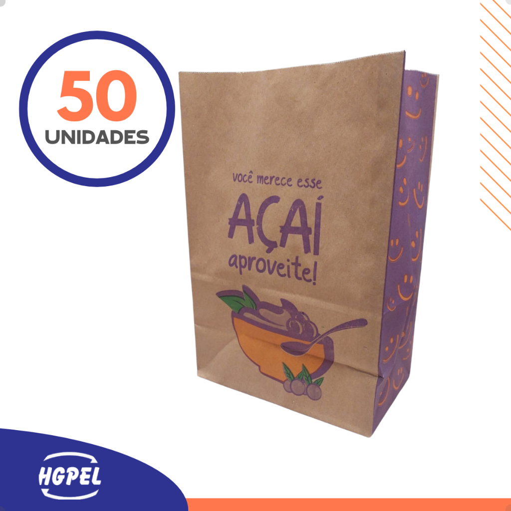 Saco Papel Kraft P/ Açaí e Barcas 22x12x32 Estampa Açai Feliz - 50 Un