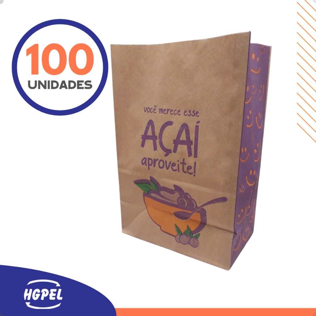 Saco Papel Kraft P/ Açaí e Barcas 22x12x32 Estampa Açai Feliz - 100 Unidades