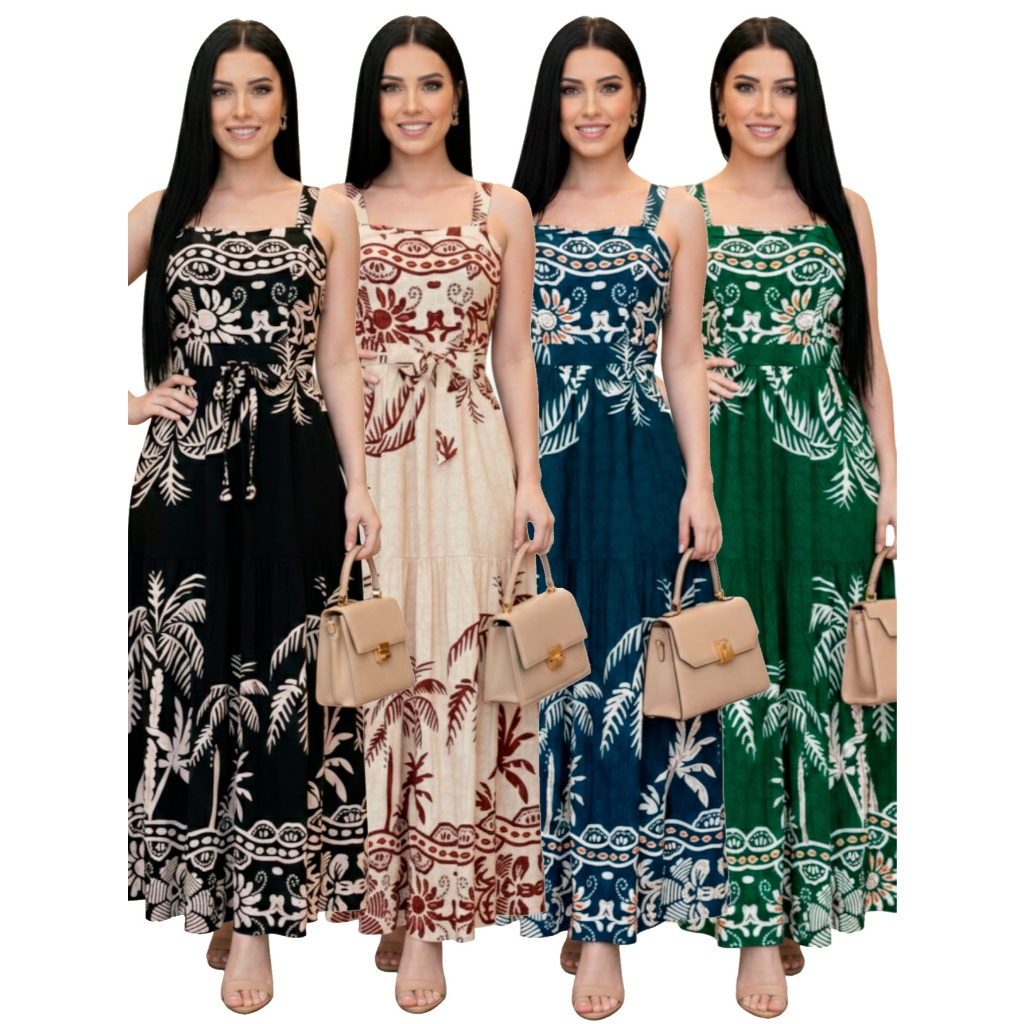 Vestido Longo Feminino Viscolinho Estampado Alça Amarrar Verão Resort Veste P ao GG em Oferta na Shopee