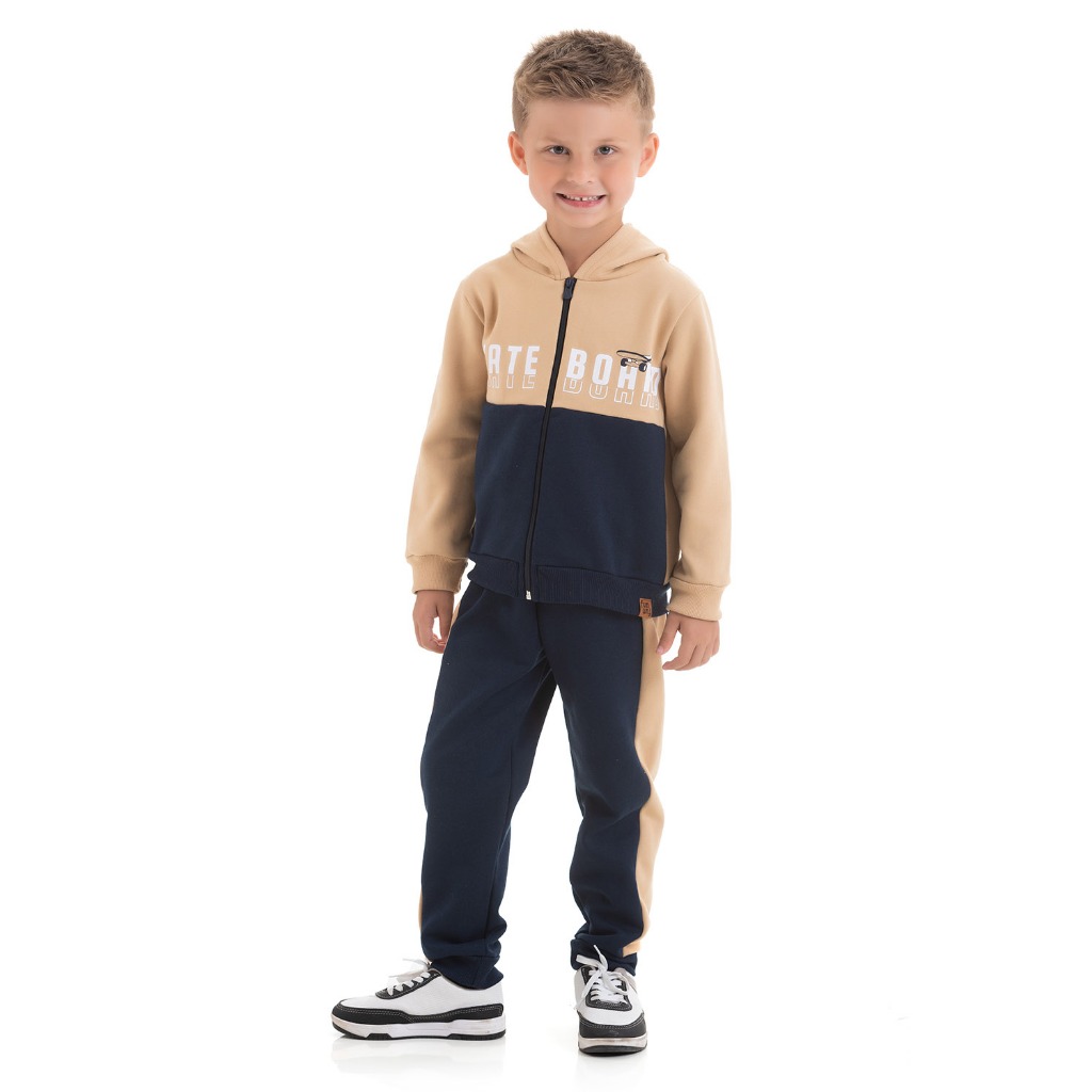 Conjunto Infantil Masculino Moletom Peluciado Jaqueta Com Zíper e Capuz Estampa Frontal Skateboard Calça com Recortes