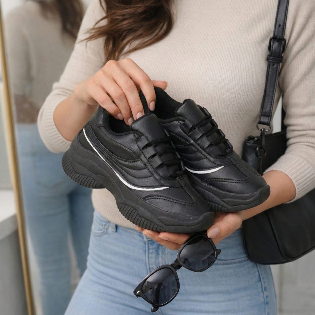 Tênis Feminino Preto Casual Moderno com Detalhes Dourados Confortável e Versátil