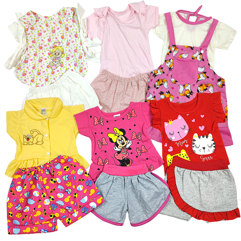 KIT 5 Conjuntos Traje Menina Infantil Variedades Vestido Jardineira