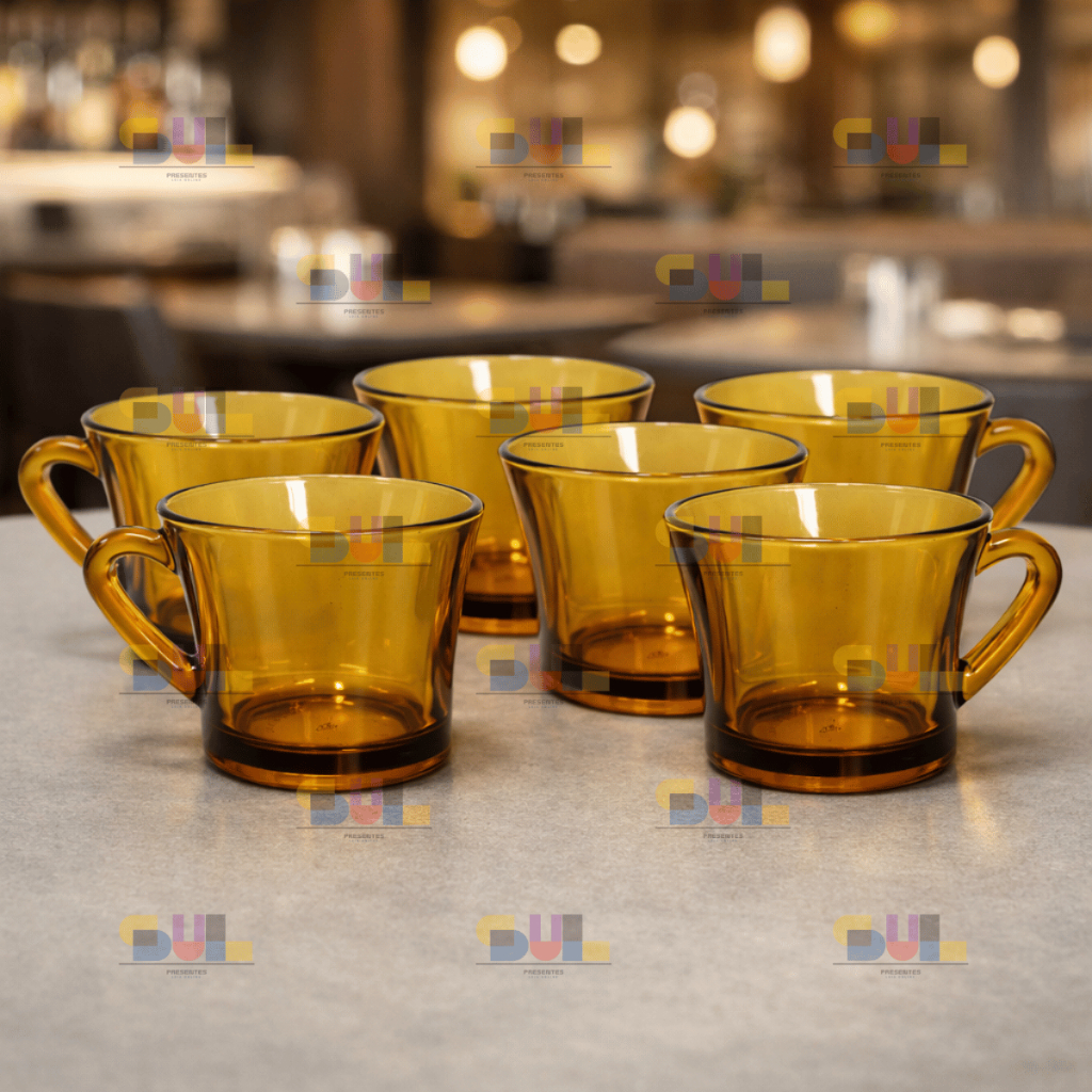 Jogo de Xicara 6 Peças Xicaras 200ml SINO AMBAR Marrom Vidro Chá Café Conjunto Xicaras Louças Retro
