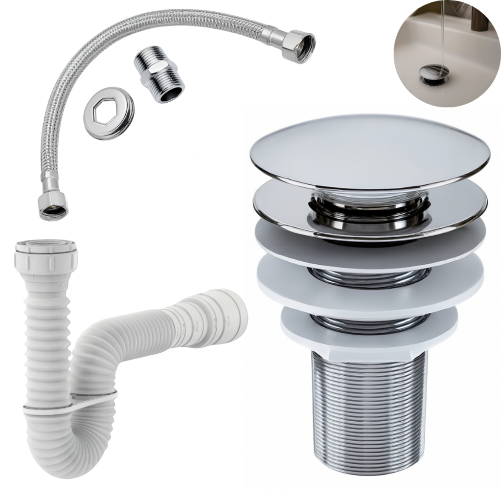 Kit Banheiro Engate Rabicho Flexível 40cm+ Valvula Ralo Click 7/8+ Sifão 72cm Cromado em Oferta na Shopee