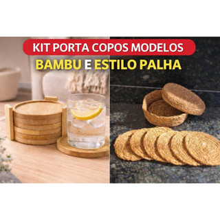 Kit c/6 descanso porta copo de palha ou bambu 10cm para mesa com suporte para guardar
