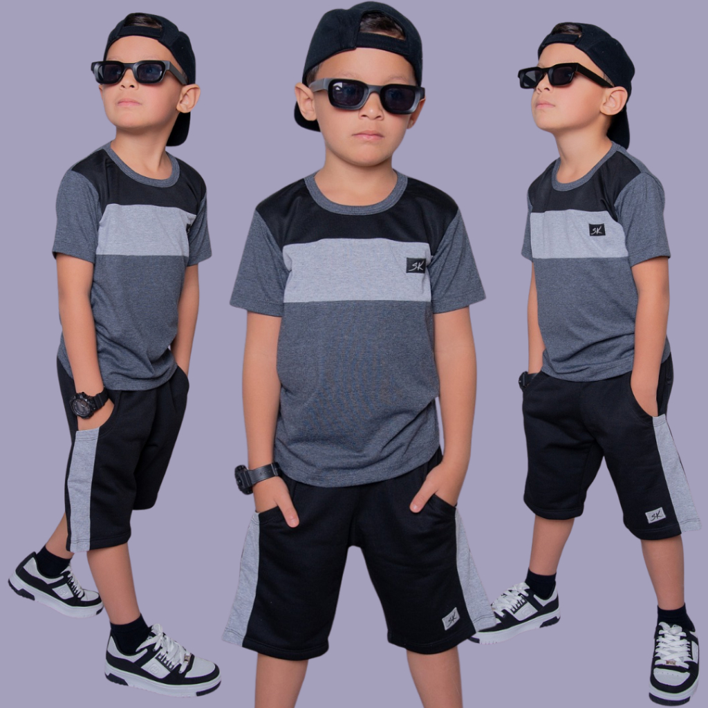 Conjunto Infantil Juvenil Menino Estiloso Blogueirinho Kit Blusa + Bermuda do 2 ao 14 anos
