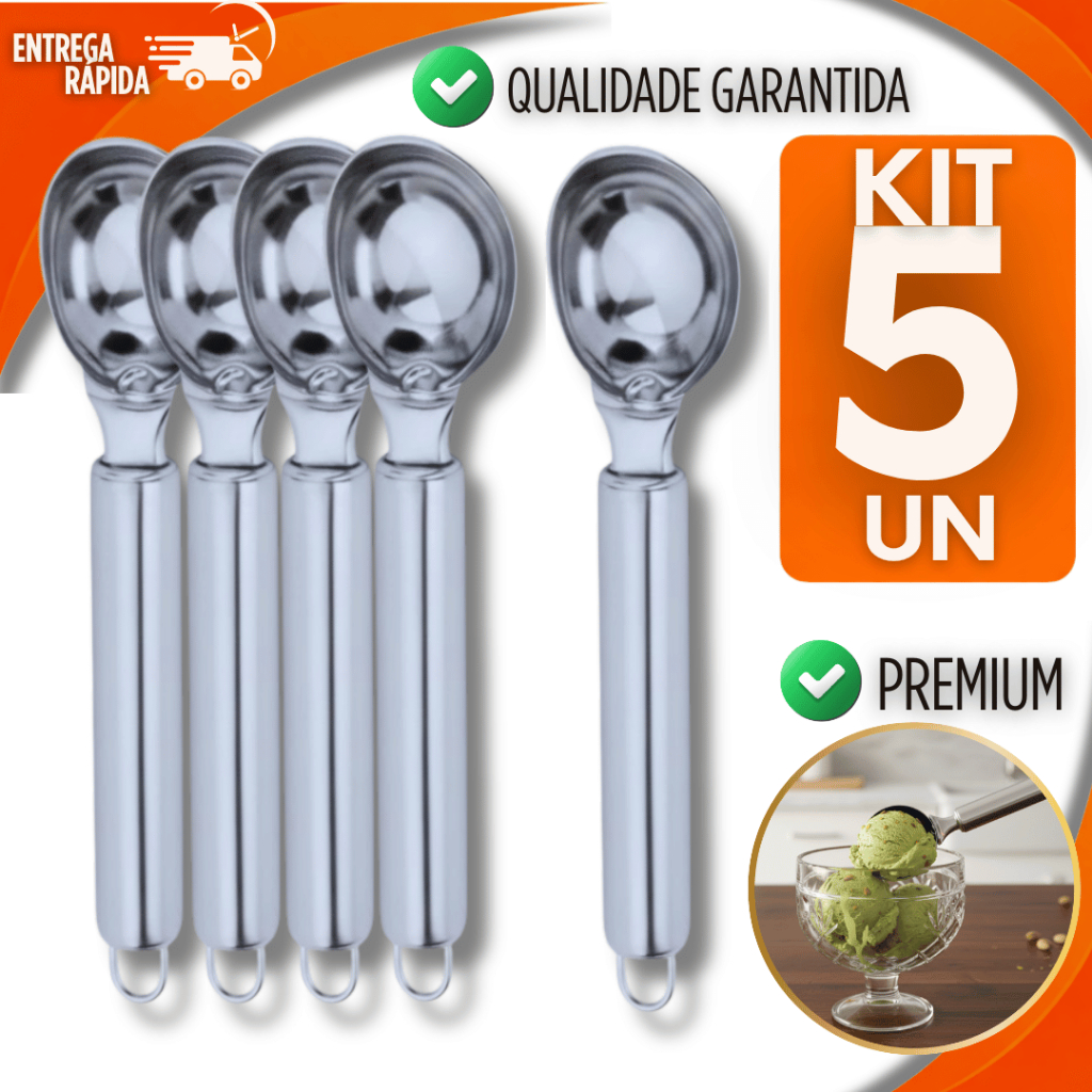 Conjunto com 5 Peças Colheres para Sorvete e Sobremesas Premium Utilidades Resistente Durável Sorveteria