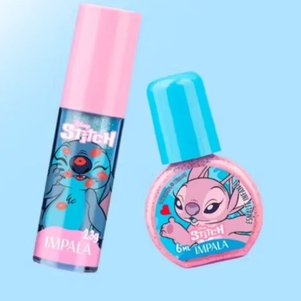 Impala Kit Brilho Labial 2,3g + Esmalte 6ml Stitch Cor Rosa ou Azul