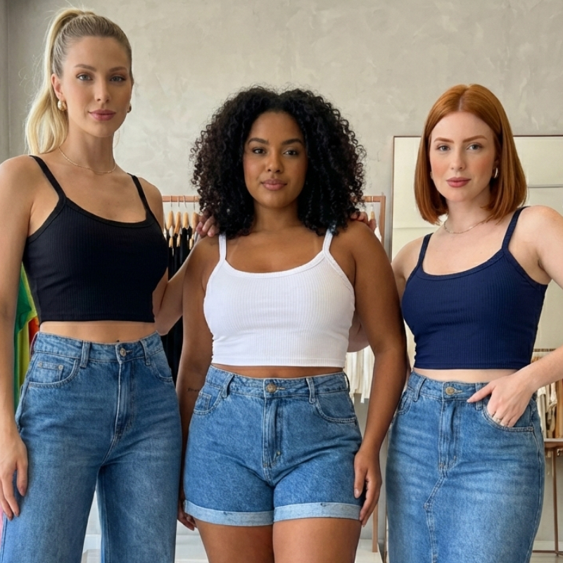 Kit 4 Top Croppeds Alcinha com Bojo Malha Canelada Lisa Blusinha Básica Feminina
