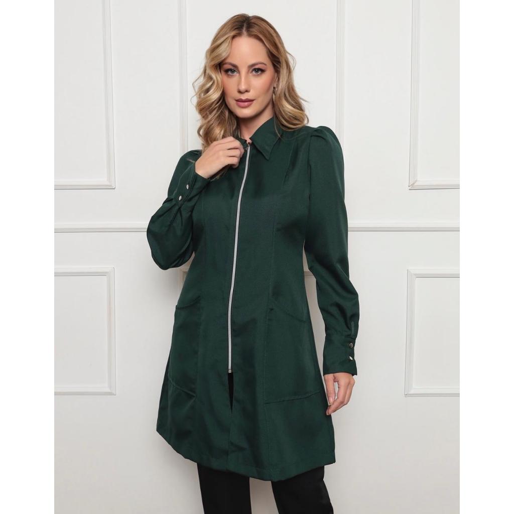 Jaleco Feminino em Oxford Eli Zíper Manga Longa Verde Musgo Gardenia Jalecos