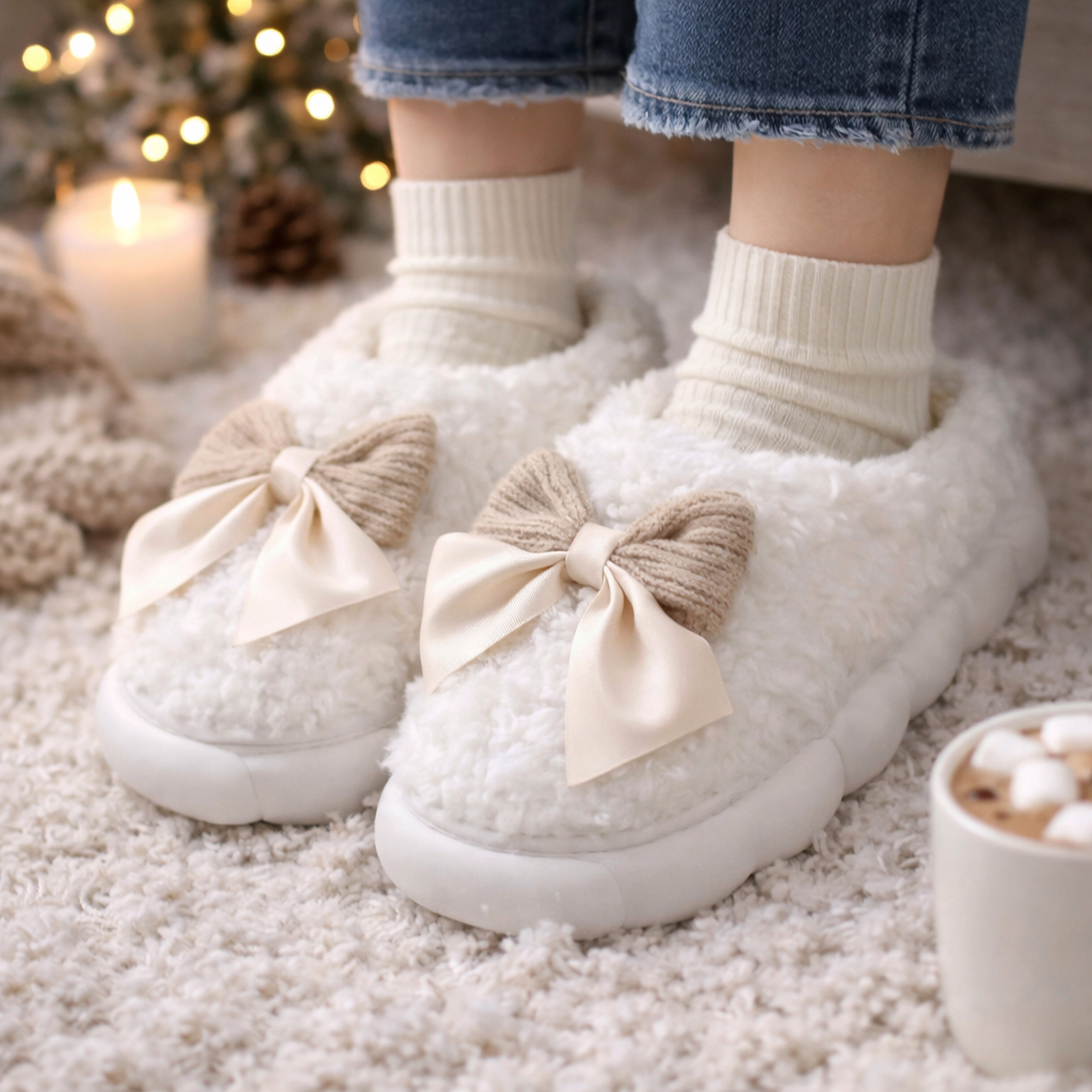 Pantufa Feminina branca  Super Macia e Confortável com laço Marrom - PF1 em Oferta na Shopee