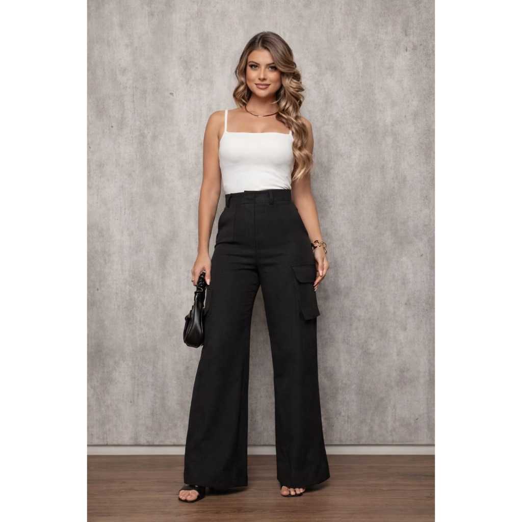 Calça Pantalona Feminina em Alfaiataria Cargo Wide Leg Casual para Trabalhar