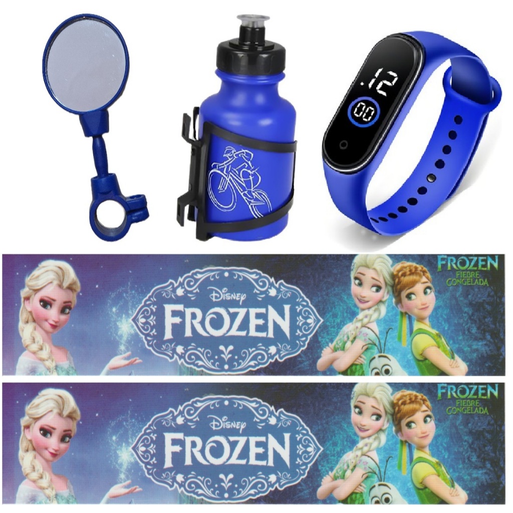 Conjunto para Bike Feminina Infantil Frozen Azul Aro 16 a Aro 26 Relógio Garrafa Espelho e Adesivo