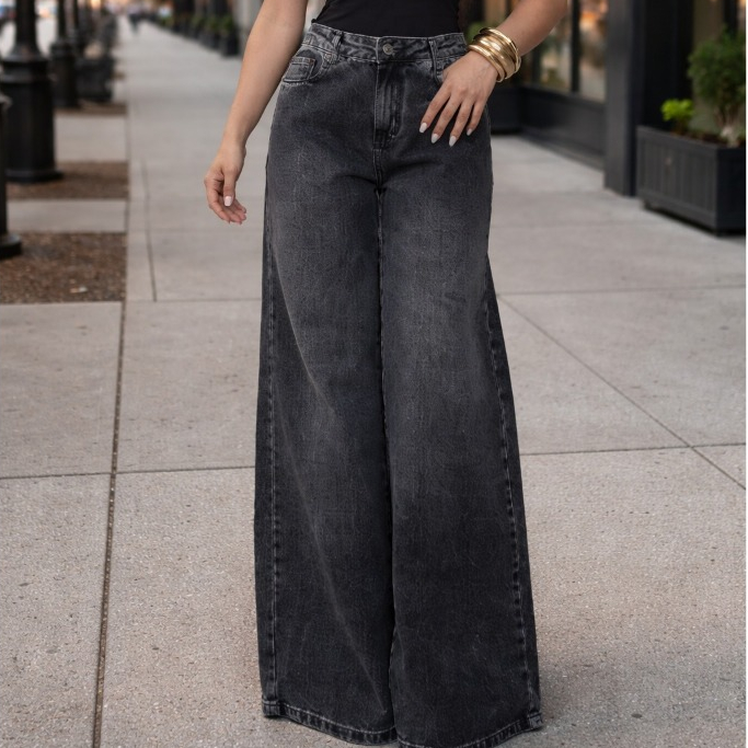 Jeans Wide Leg Feminino Estilo Fashion com Modelagem Confortável em Oferta na Shopee