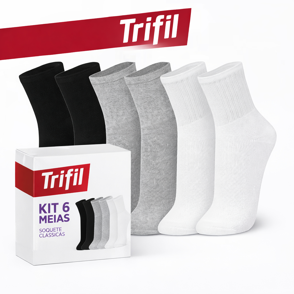 Kit 6 Pares Meias Esportiva Cano Médio Trifil 8720 Algodão