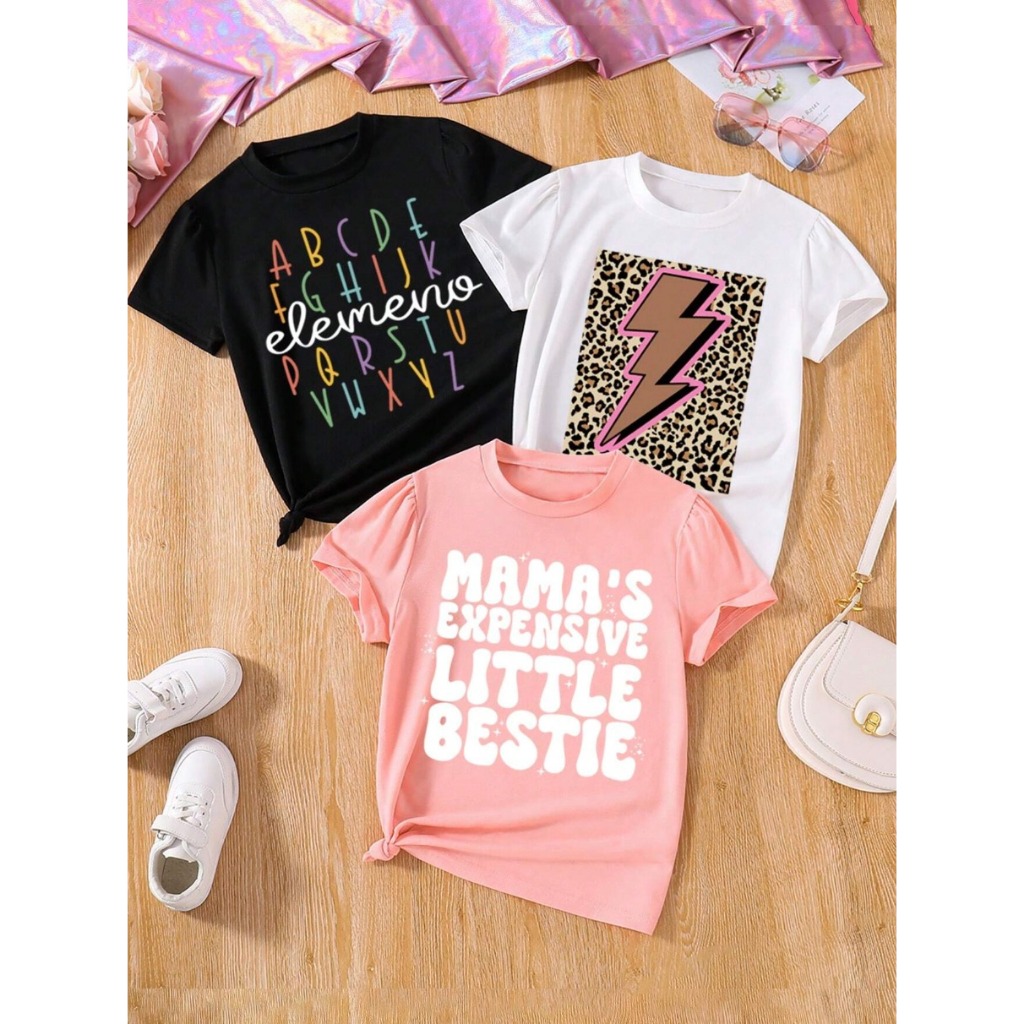 Kit 3 Camisetas Estampadas T-Shirt Infantil Animal Print Vintage Delicadas Algodão Meninas