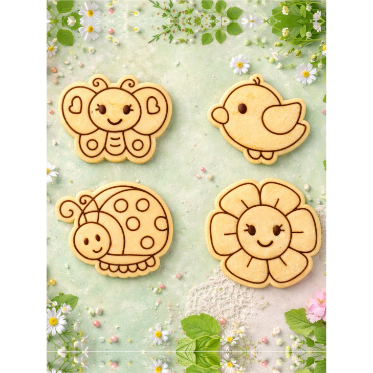 Kit Cortadores de Biscoito + Carimbo Tema Jardim Encantado – Borboleta, Flor, Joaninha e Pássarinho