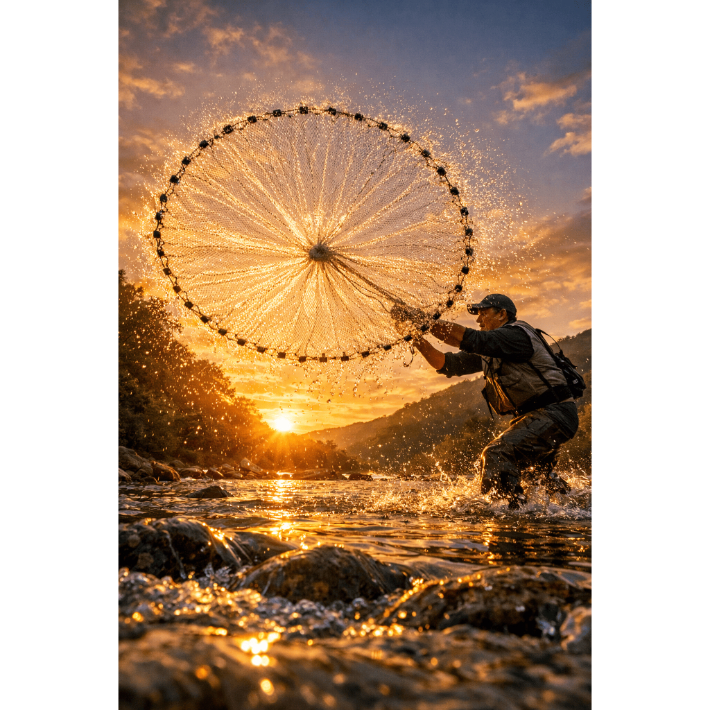 Tarrafa Média Semi-Artesanal de Fio 0,25 Malha 12mm Nylon Com Corda E Chumbo Pesca