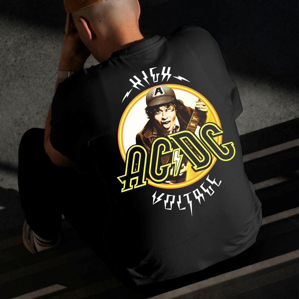 Camiseta Masculina Estampada AC DC Amarelo 100% Algodão Estilo Conforto Diário Do Tamanho P ao GG