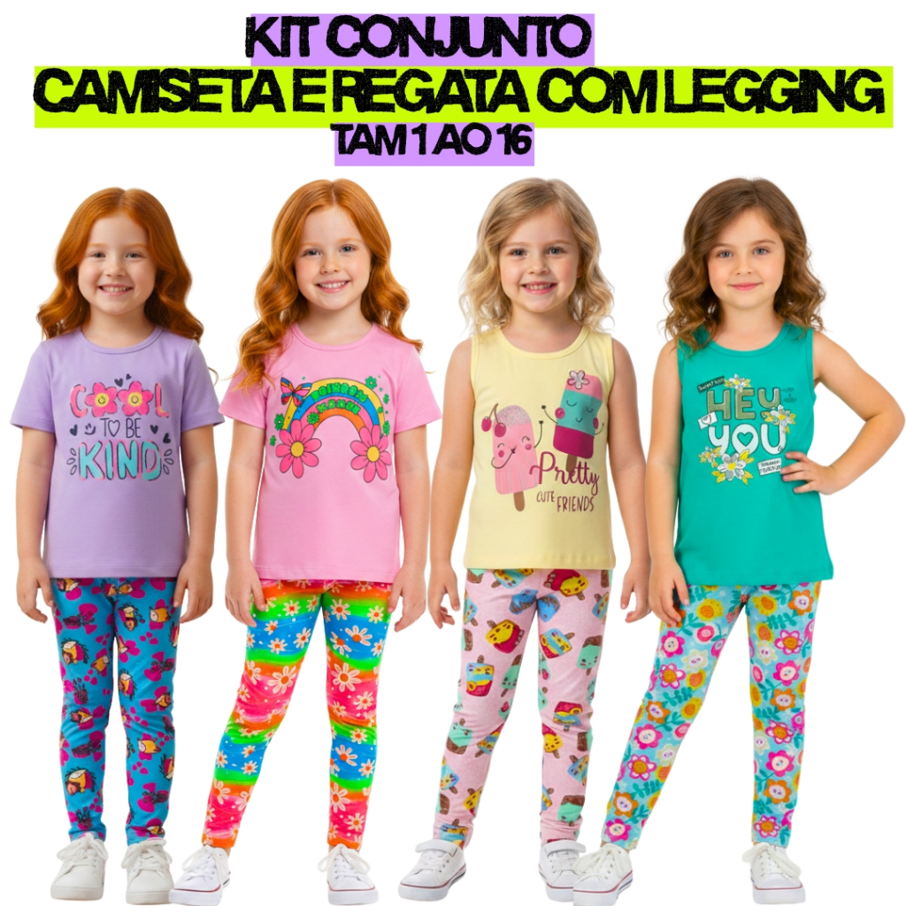 Kit 10 Peças Roupa Menina Verão| Conjunto Infantil Feminino| 5 Camisa Regata 5 Calça Legging 1 ao 16