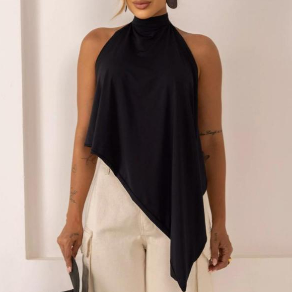 Blusa Feminina Bata Frente Unica Assimétrica Amarração no Pescoço Tecido Suplex Premium em Oferta na Shopee