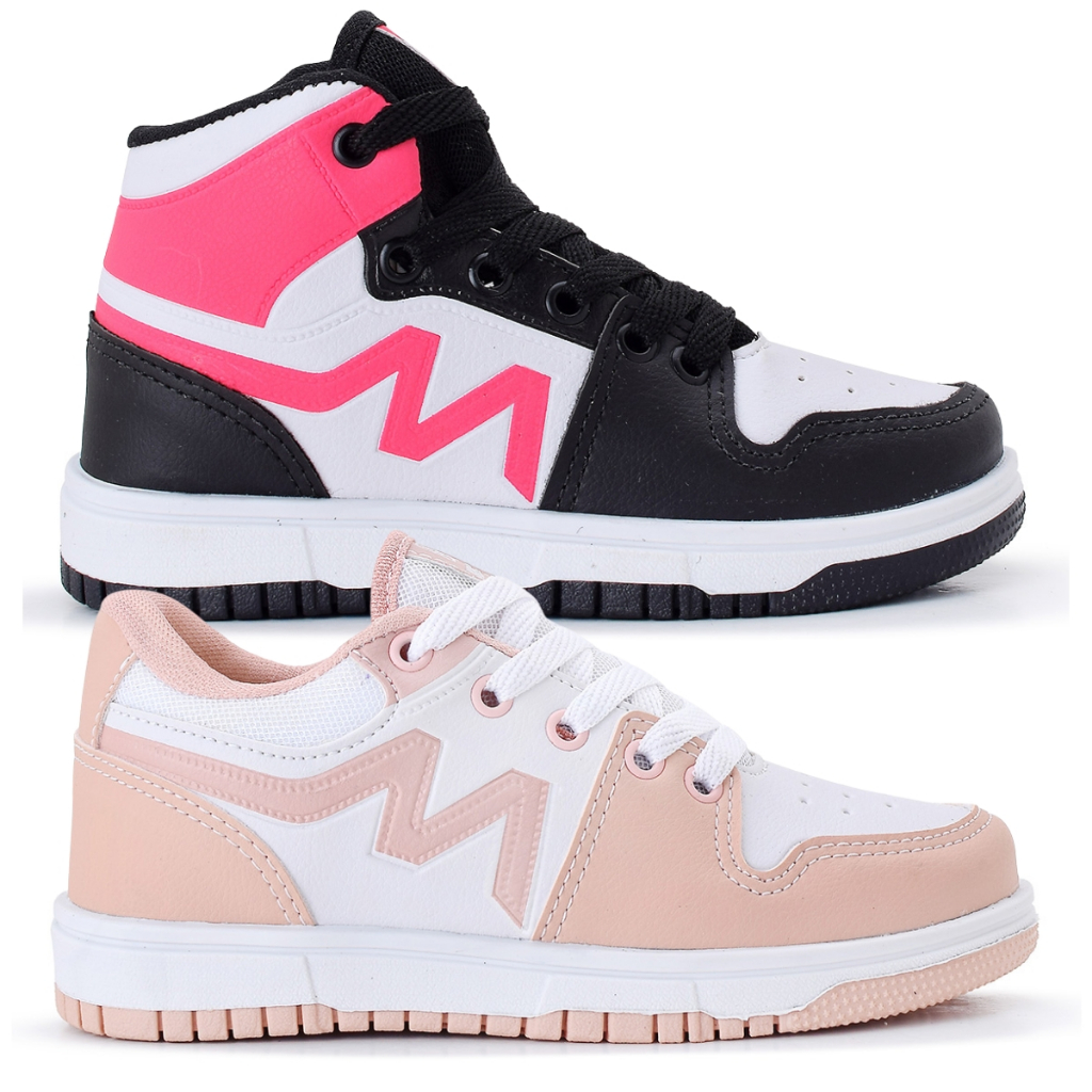 Kit 2 Pares Tênis Infantil Feminino Botinha Casual Cano Baixo High Escolar