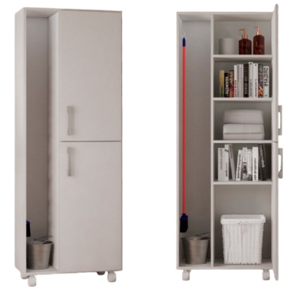 Armário Vertical Multiuso para Produtos de Limpeza com Rodinhas Porta Vassoura Prático e Resistente