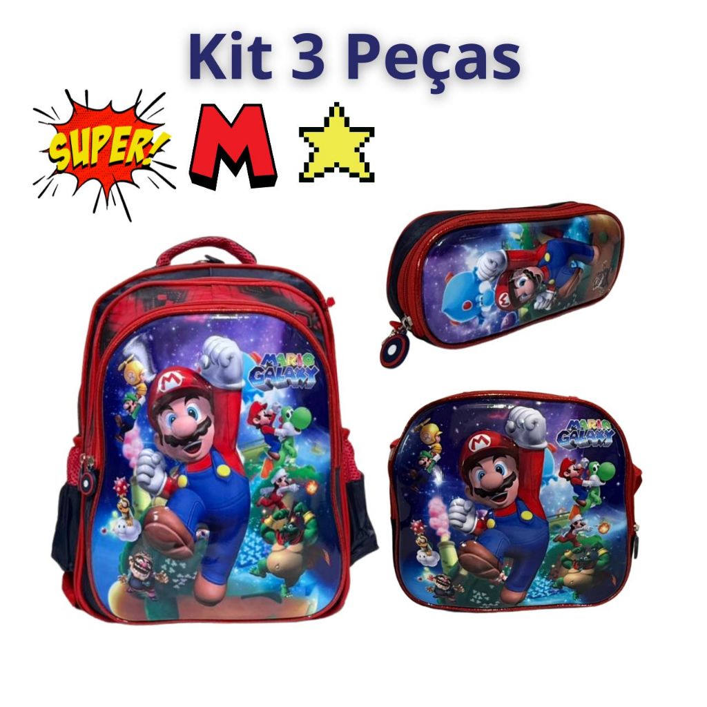 Kit Mochila Escolar 3D Super Mario Galaxy Menino Infantil Bolsa Grande Juvenil Reforçada Lancheira Térmica + Estojo