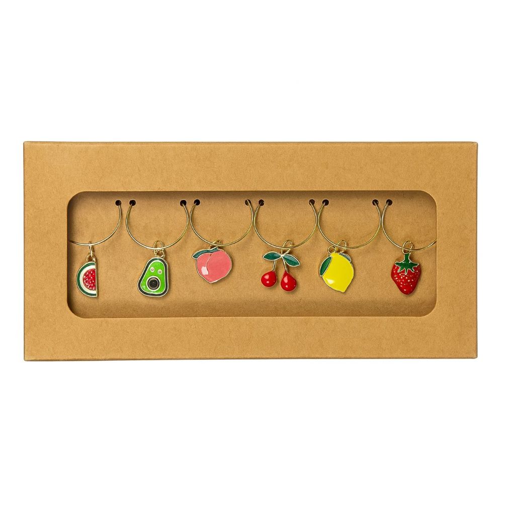 Kit 6 Marcador Identificador de Taça Vinho e Drinks para Festa Evento Colorido Design Frutas Premium