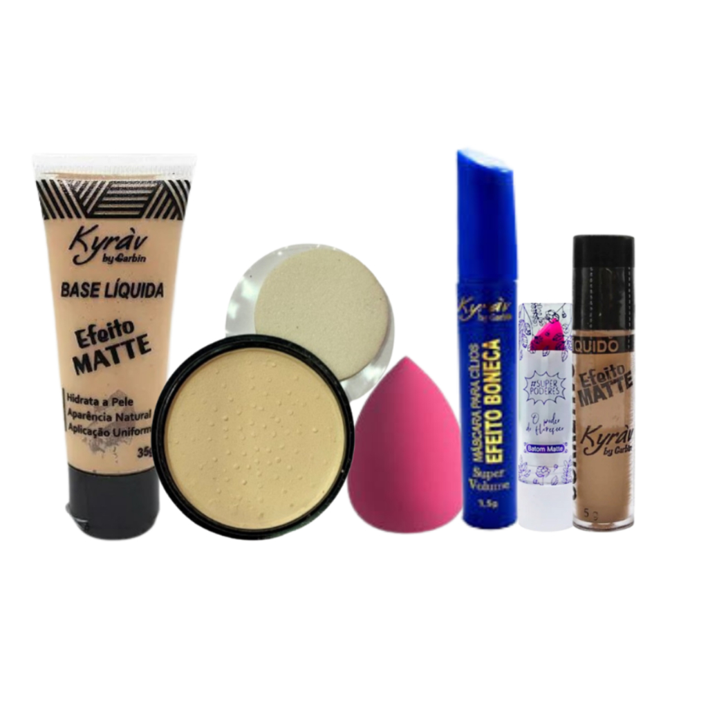 Kit de Maquiagem com Base, Pó. Corretivo, Esponja, Batom e Rímel Beleza